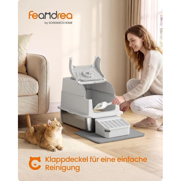 FEANDREA Katzenklo aus Edelstahl, geschlossene Katzentoilette mit Deckel und 2 Eingängen, mit Schaufel und Bürste, hellgrau – Bild 2