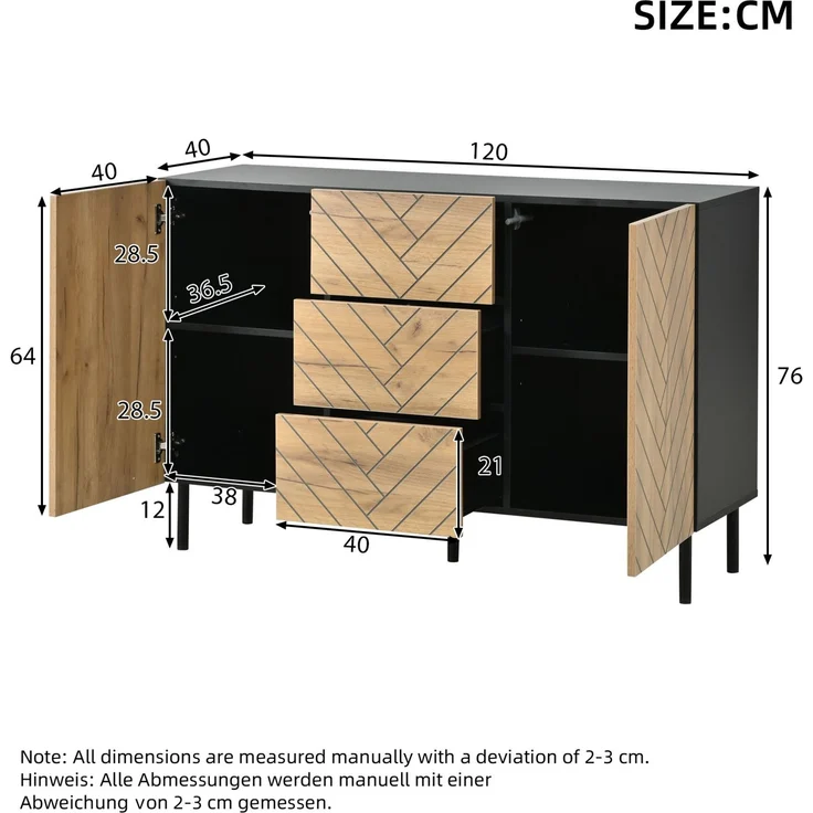DESVIAE Sideboard mit 3 Schubladen und 2 Schränken 120x76x40 cm Spanplatte Holzoptik Schwarz – Bild 10