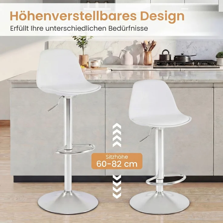 2er Set Barhocker 360 °Drehbarer Barstuhl Höhenverstellbarer Tresenhocker Küchenhocker Weiß SH748 – Bild 3