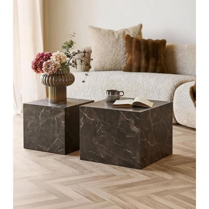 House Nordic Beistelltisch 2-teiliges Set PRAGUE, Braun, MDF, Marmoroptik, B 50 x H 40 x T 50 cm, B 40 x H 36 x T 40 cm – Bild 2