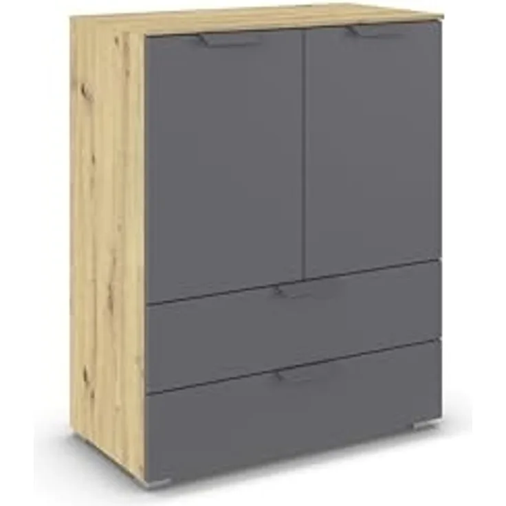 rauch Aditio Box, Kommode, 2-türig, 2 Schubladen, mit Softclose-Funktion, Farbe Grau metallic/Eiche Artisan, BxHxT 80x100x42cm