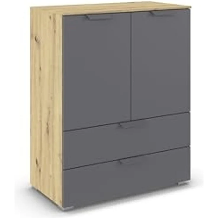 rauch Aditio Box, Kommode, 2-türig, 2 Schubladen, mit Softclose-Funktion, Farbe Grau metallic/Eiche Artisan, BxHxT 80x100x42cm – Bild 1