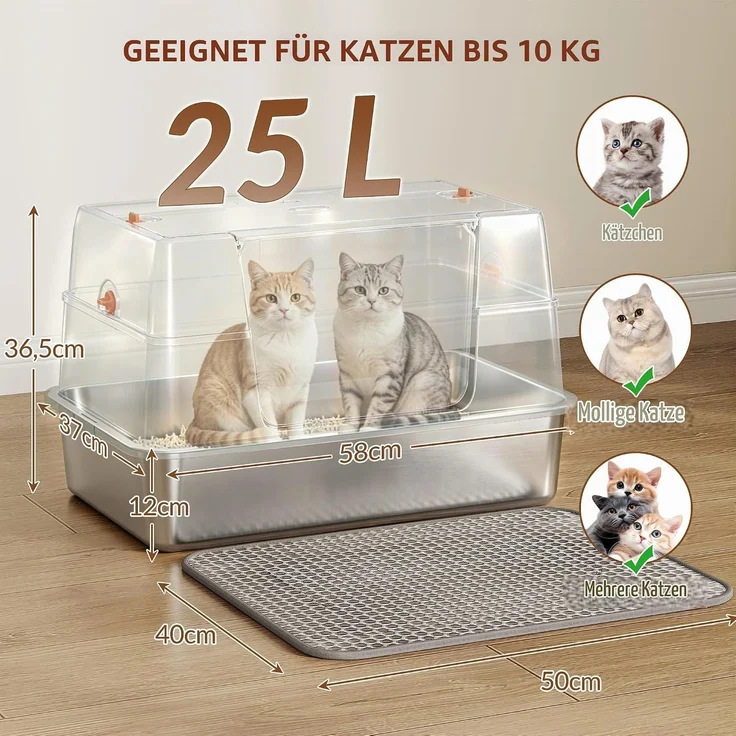 Edelstahl Katzenklo mit Deckel XL, 58 x 37 x 36,5 cm, Hellgrau, Geschlossene Metall Katzentoilette, 100° klappbarer Deckel, mit Streu-Siebmatte und Schaufel, Modulares Design – Bild 5