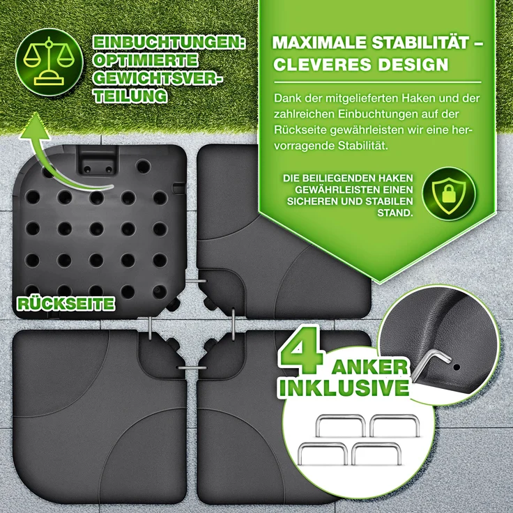 tillvex® Sonnenschirmständer Anthrazit 60 Liter / 80 kg – 4-teilig für Ampelschirm inkl. Metallverbinder | Schirmgewicht befüllbar mit Wasser oder Sand | Schirmständer Ampelschirmständer wetterfest – Bild 6