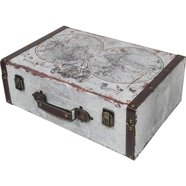 HMF Aufbewahrungsbox Handgefertigter Vintage Koffer aus Holz, Deko Koffer (1 St), Geschenkkoffer im Weltkarten Design, 38 x 26 x 13 cm