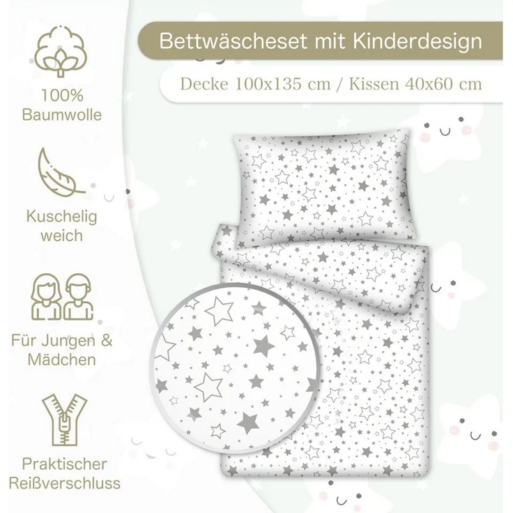KiGATEX Kinderbettwäsche KiGATEX Set 2-teilig, 100x135 + 40x60 cm, für Mädchen + Jungen, 100% Baumwolle, weich & atmungsaktiv, waschbar bei 60°C – Bild 2