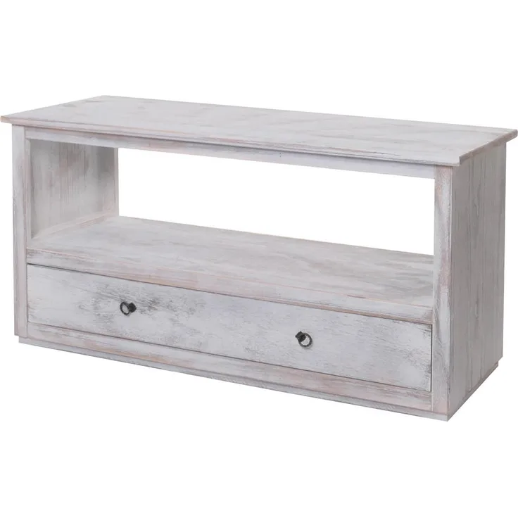 MCW Couchtisch Shabby-Look, Weiß, aus massivem Paulowniaholz mit 1 Schublade und Ablagefach, 110x53x39 cm