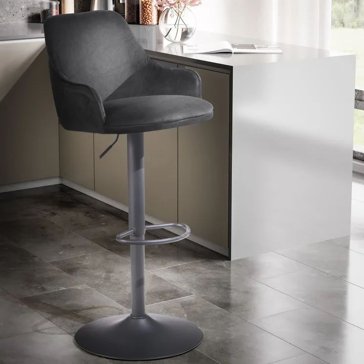 FineBuy Barhocker Samt Hocker mit Lehne 86 - 106 cm, Küchenhocker Höhenverstellbar Modern 100 kg, Barstuhl Tresenhocker mit Metall-Trompetenfuß, Bistrohocker Gepolstert mit Armlehne