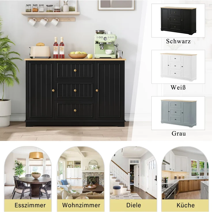 Sideboard 126x40x86 cm in Schwarz mit 3 Schubladen und verstellbaren Einlegeböden – Bild 9