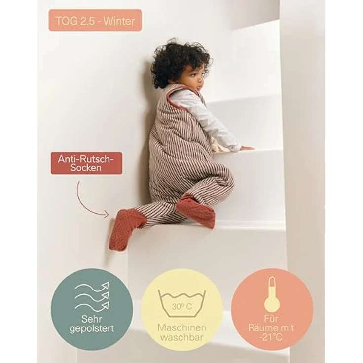 molis&co - Baby Schlafsack mit Füßen und Socke - Ideal für den Winter - Babyschlafsack mit Beinen 2,5 tog - 100% Baumwolle (Oeko-TEX 100), Premium Qualität - Burgundy Stripes (70 cm) – Bild 5