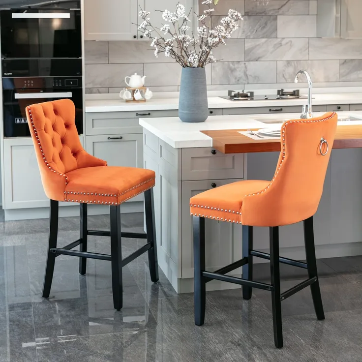 Contemporary Velvet Upholstered Barstools with Button Tufted Decoration and Wooden Legs, and Chrome Nailhead Trim, Leisure Style Bar Chairs,Bar stools, Set of 2 (Orange),DE2002OG--Orange--60x50x103cm--YOUDENOVA
