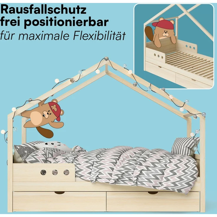 Bellabino 'Bela' Hausbett 90x200 cm mit Matratze und großer Schublade, natur, Kiefer Massivholz, Montessori Kinderbett mit Stauraum, inkl. Rausfallschutz und Lattenrost – Bild 8