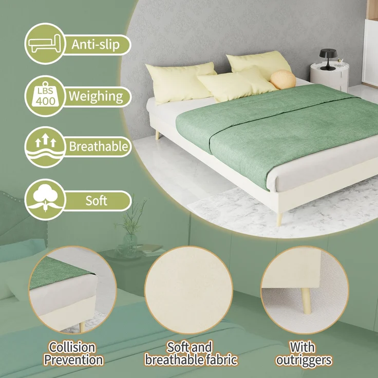 Novelux Bettgestell 140x200 Beige – Modernes Plattformbett aus Samt, Holzrahmen, Ohne Kopfteil, Low-Profile Design – Bild 3