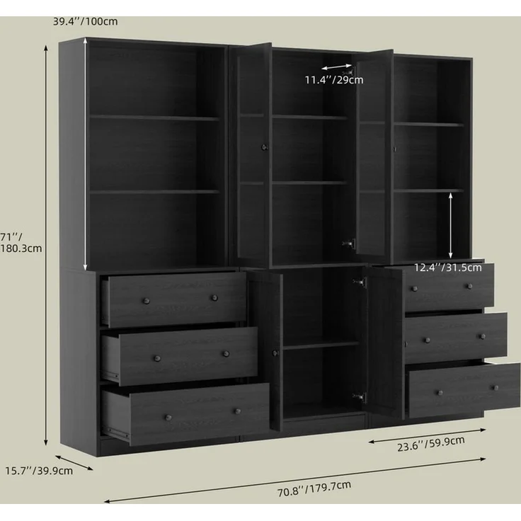 VOWNER Bücherregal 5-stöckiges Bücherregal mit Glastüren, 180 cm Vitrinenschrank, 3-tlg, multifunktionaler Küchenschrank Hochschrank & Buffetschrank – Bild 2