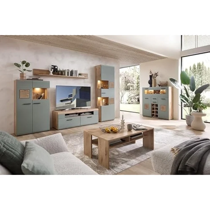Barschrank >Kathlin< Barfach, Stauraum, LED, schilfgrün / Eiche Dekor - 120x129x37 (BxHxT) – Bild 7