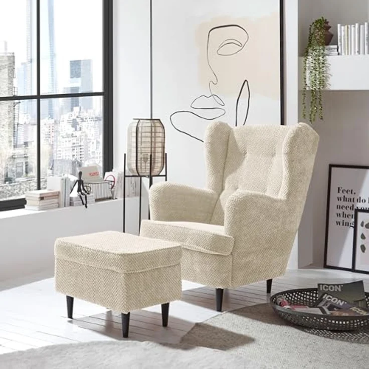 OSKAR Fußhocker gepolstert, Ivory - Vintage Polsterhocker für Sessel, Couch und Sofa - 63 x 43 x 42 cm (B/H/T) – Bild 5