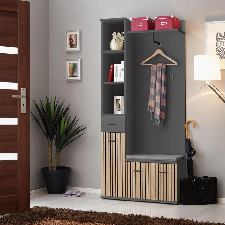 Diele Marco 1 mit Kissen in Anthrazit und Artrisan mit Streifen Aufdruck 90 x 203 x 32 cm 3 teilig