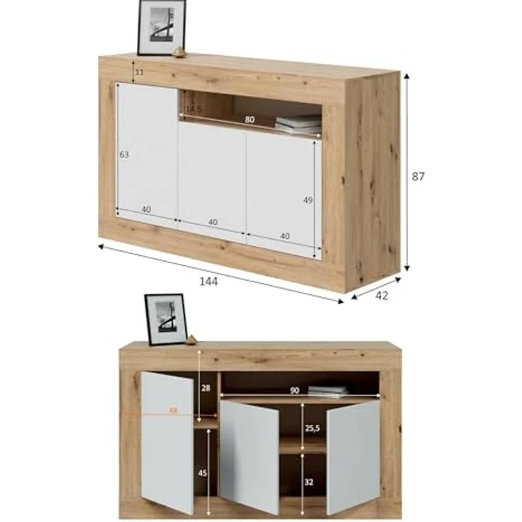 Dmora - Thornton Sideboard, Wohnzimmergarderobe, Wohnzimmerbuffet mit Fächern, TV-Ständer, modernes Sideboard mit 3 Türen, 144x42h87 cm, geknotete Eiche und Weiß – Bild 3