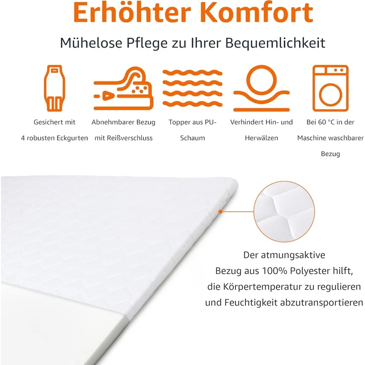 Amazon Basics Matratzentopper Komfortschaum 160 x 200 x 6 cm, Topper mit Waschbarem Bezug, Weiß – Bild 2
