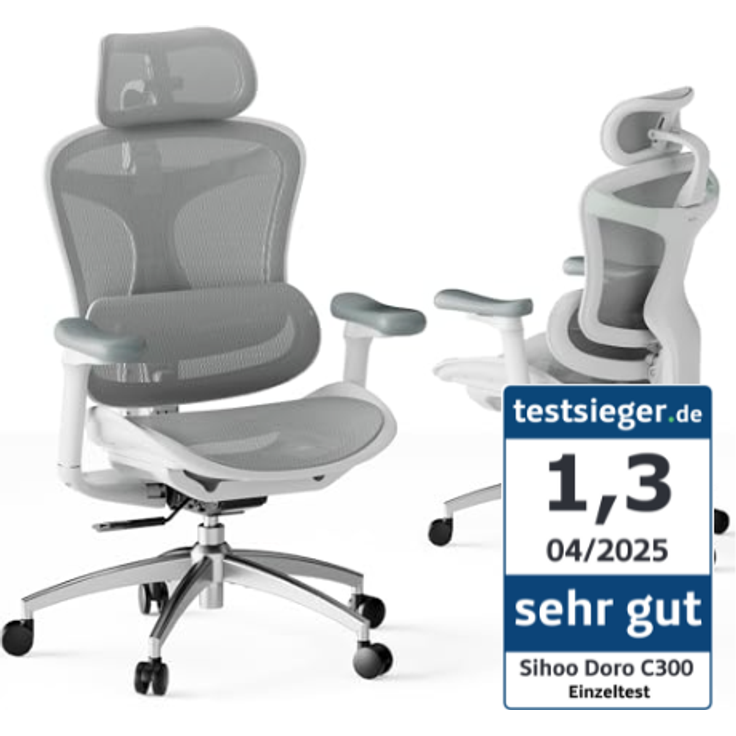 SIHOO Doro C300 Ergonomischer Bürostuhl mit ultraweichen 3D-Armlehnen, dynamischer Lordosenstütze für den Homeoffice-Stuhl, Verstellbarer Rückenlehne (Weiß)