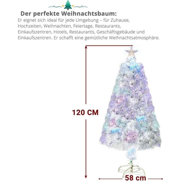 LALAHO Künstlicher Weihnachtsbaum Künstlicher Tannenbaum mit Optischer Faser Beleuchtung, 120cm mit 120 Spitzen, für Weihnachten-Dekoration, Weiß – Bild 3