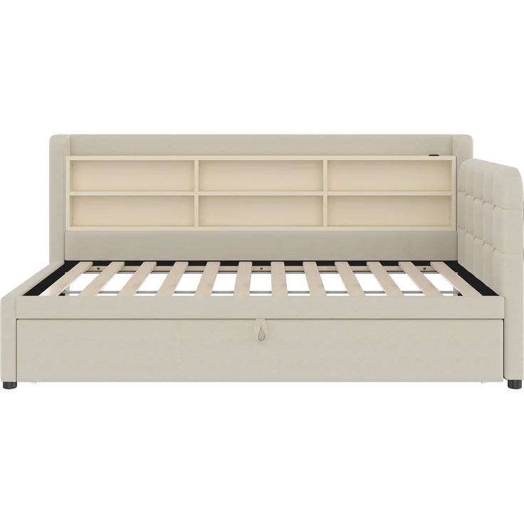 Daybett 90x200 cm mit Ausziehbett, Schlafsofa mit USB & Typ-C Ladeanschluss, multifunktionales, Leinenstoff Beige – Bild 9