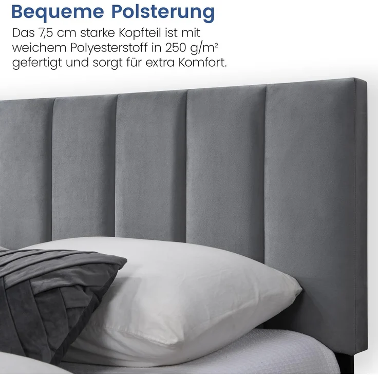Home Collective Polsterbett 140x200 & 160x200 cm mit Lattenrost und weichem Bezug, Bettgestell (Doppelbett mit gepolstertem Kopfteil, robustes Gestell, hoher Liegekomfort), vertikaler Steppung, 140x200 cm, Grau – Bild 5