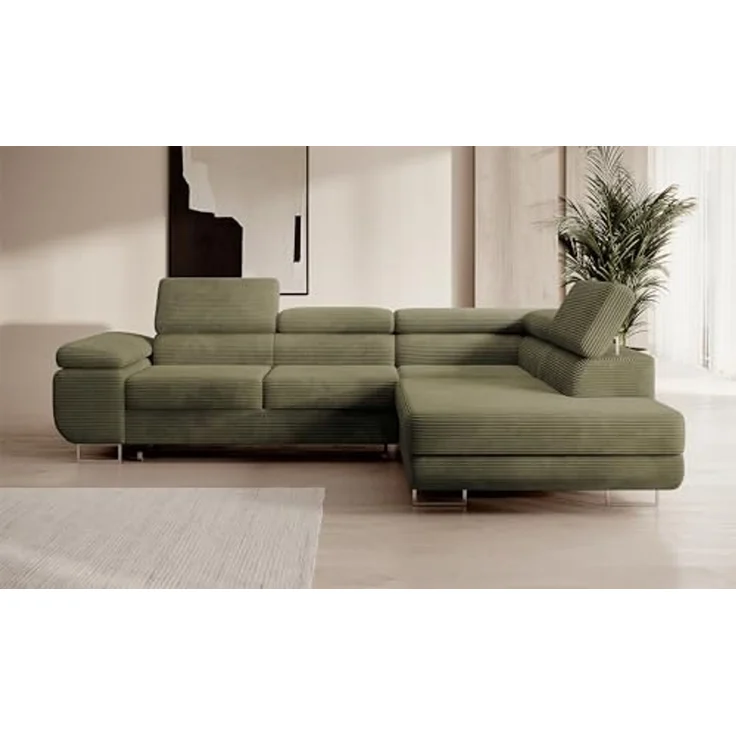 Selsey STEVIL - Ecksofa L-Sofa mit Schlaffunktion, Bettkasten, Ottomane rechts, Cordbezug Olivgrün – Bild 2