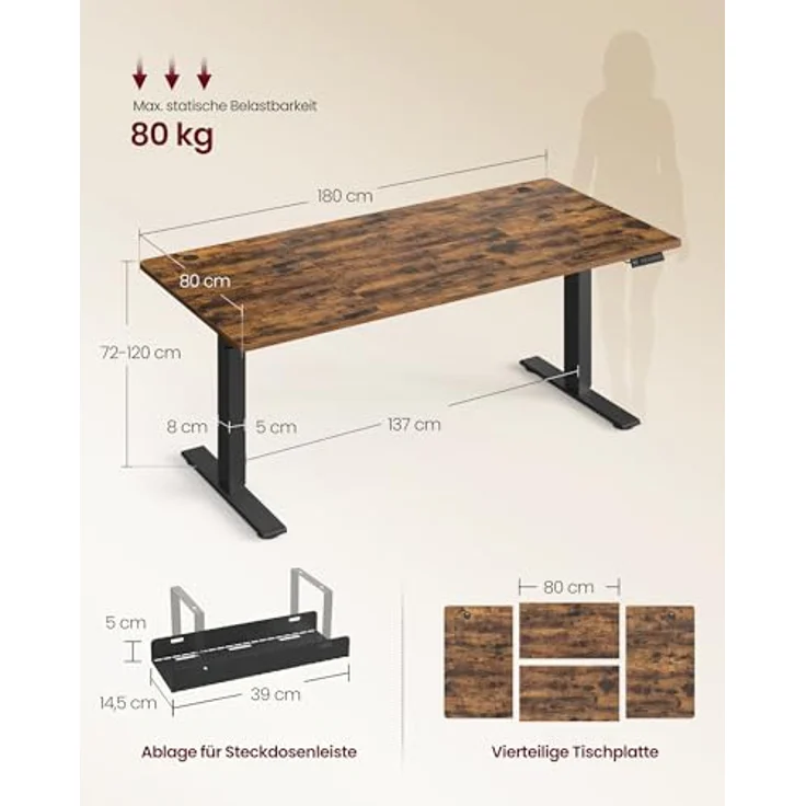 VASAGLE Höhenverstellbarer Schreibtisch, 180x80 cm, USB-C-Anschluss, Ablage für Steckdosenleiste, Stehtisch, Erinnerung bei langem Sitzen, 3 Speichertasten, für Büro, vintagebraun LSD148KD02 – Bild 3