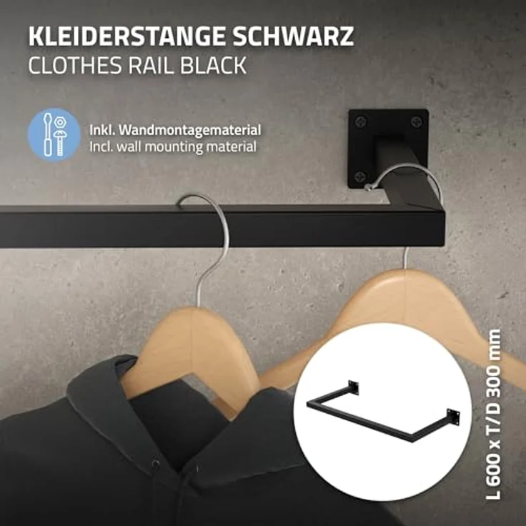 ML-DESIGN Kleiderstange Wandgarderobe Rechteck für die Wand aus Stahl inkl. Montagematerial (1 St), Garderobenstange 60x30 cm Schwarz U-Form Kleiderständer Kleidergestell – Bild 3