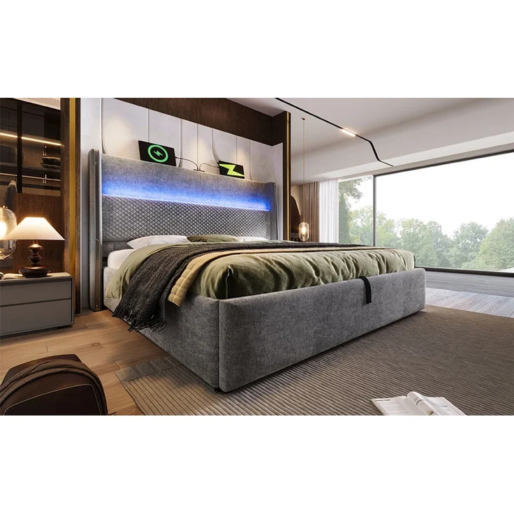 Hydraulisches Doppelbett mit smartem LED-Kopfteil & Unterbett-Stauraum, 160x200 cm, Grau, ohne Matratze – Bild 5