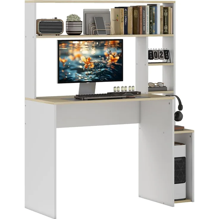 HOMCOM Computertisch mit offenen Regalen, CPU-Ständer, Stahlgestell (Schreibtisch, 1-St, Bürotisch), für Home Office, Schlafzimmer Eiche