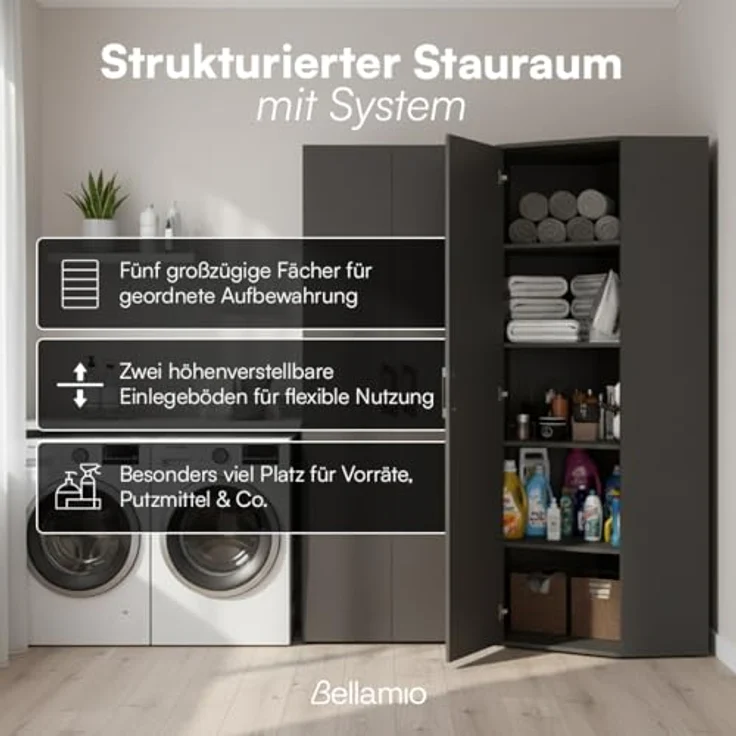Bellamio Apol Eckschrank schwarz – großer Mehrzweckschrank – Allzweckschrank aus Holz – Haushaltsschrank mit 5 Fächern – Aktenschrank für Flur/Küche/Büro – Putzschrank – Aufbewahrungsschrank – Bild 4