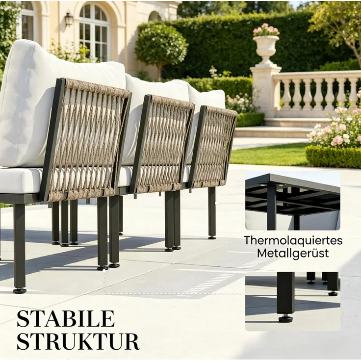 6-teiliges Gartenlounge-Set mit Glas-Couchtisch, 64x116x60,5 cm, Schwarz/Hellgrau – Bild 7
