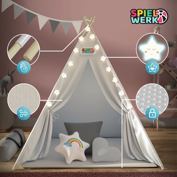 Spielwerk Kindertipi mit Lichterkette, Bodenmatte & Kissen, Baumwolle weiß, 120 x 120 x 160 cm – Bild 5