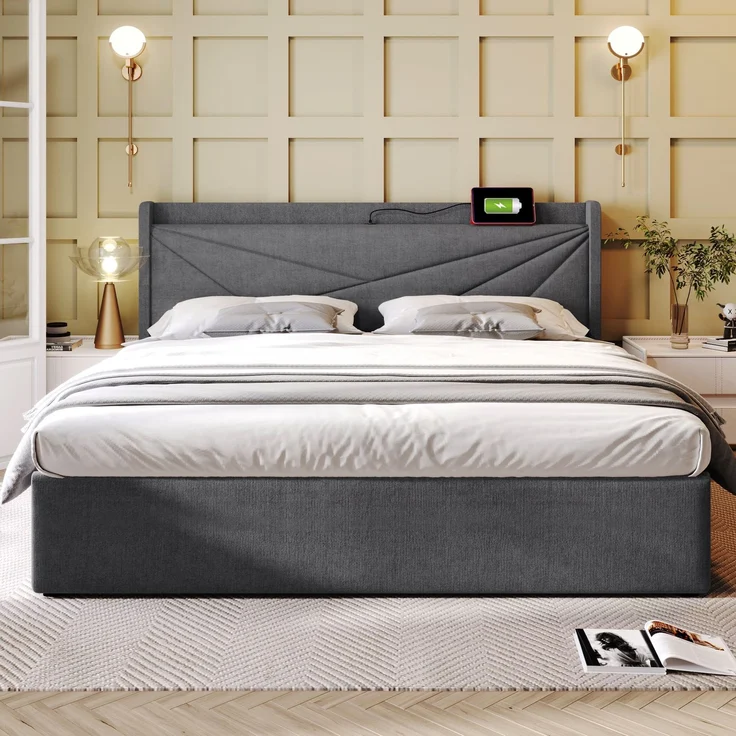 Polsterbett 160x200 cm mit Stauraum,Kopfteil mit USB & Typ-C Ladefunktion,Grau,inklusive Matratze – Bild 3