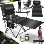 KESSER® Campingliege Campingstuhl 2in1 bis 160kg | Feldbett klappbar | Campingbett faltbar extra breit | Campinglicht & Getränkehalter + Aufbewahrungstasche & Transporttasche | Angelliege verstellbar Schwarz / Schwarz