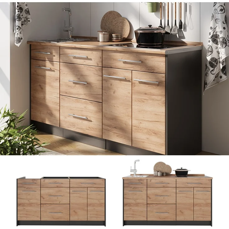 Küchenblock Fame-Line Goldkraft Eiche/Anthrazit 150 cm, AP Anthrazit Vicco – Bild 3