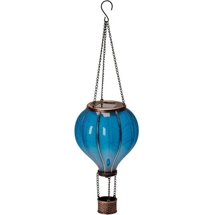 LED Solar Heißluftballon mit Flammeneffekt Beleuchtung | Laterne mit 20 warm-weißen Licher | Solarleuchte zum Aufhängen | inkl. Metallkette | Gesamthöhe ca. 46,5 cm (blau) – Bild 2