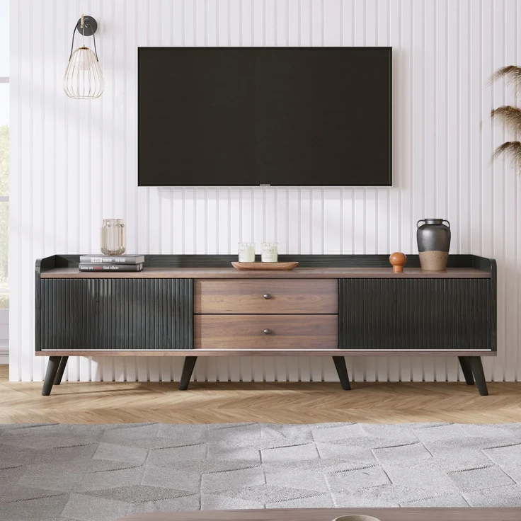TV-Ständer 160 cm Schwarz & Holz, Sideboard mit gestreiften Schiebetüren, zwei Schubladen, Massivholzbeine – Bild 8