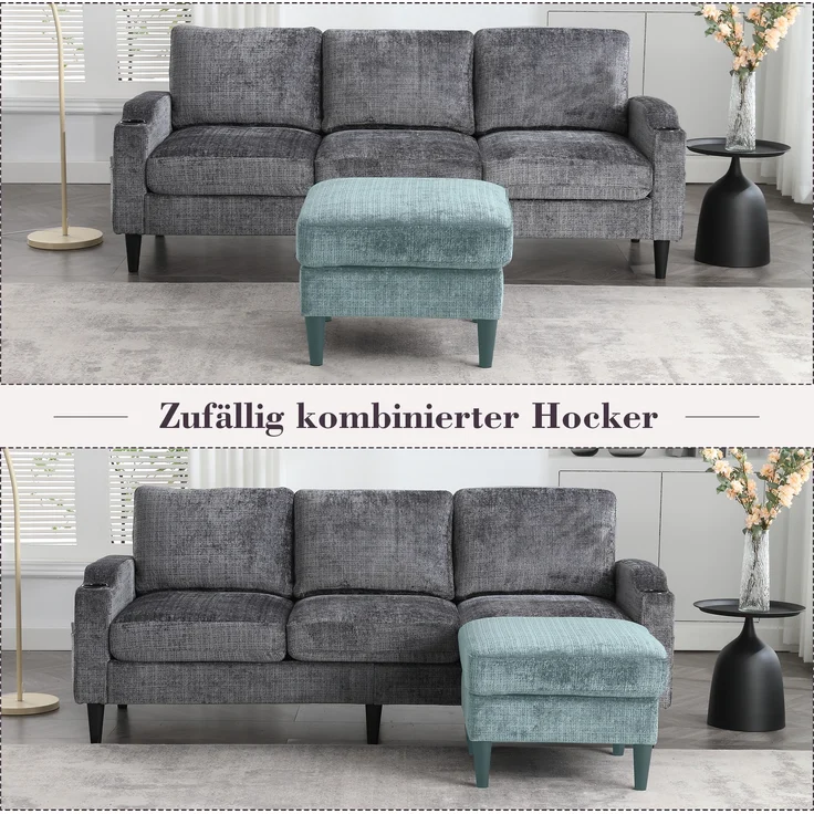 LVHOM Loungesofa mit Hocker & Stauraum, 4-Sitzer, Armlehnen, Getränkehalter, Seitentaschen, weiche Chenille-Stoff, modulare Sofa, Grau – Bild 6
