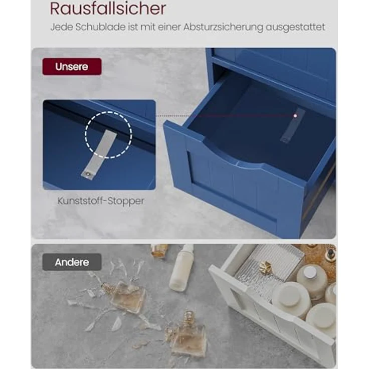 Vasagle Badezimmerschrank, schmaler Badschrank, Beistellschrank, Kommode, mit Schubladen, Schranktür, verstellbare Ablage, x x cm,, Hafenblau, 3 – Bild 7