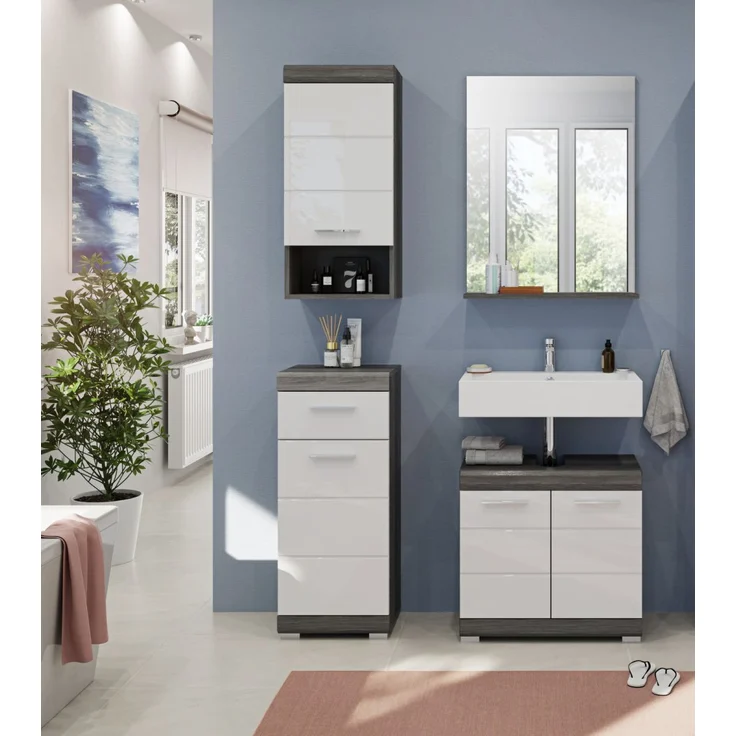Badezimmer Kommode Shawn in weiß Hochglanz und Rauchsilber grau 37 x 88 cm – Bild 6