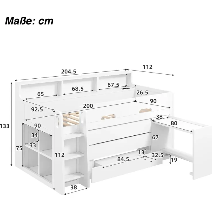 Hochbett mit Schreibtisch, Stauraum, LED-Streifen, Lattenrost, Regalen, Schubladen, Rausfallschutz, USB und Leiter, 90x200 cm, Kinderbett, Kiefer – Bild 5