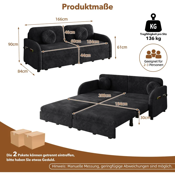 Schlafsofa Chenille, 3-in-1 ausziehbar mit Stauraum, 166x84x90 cm, Schwarz – Bild 7