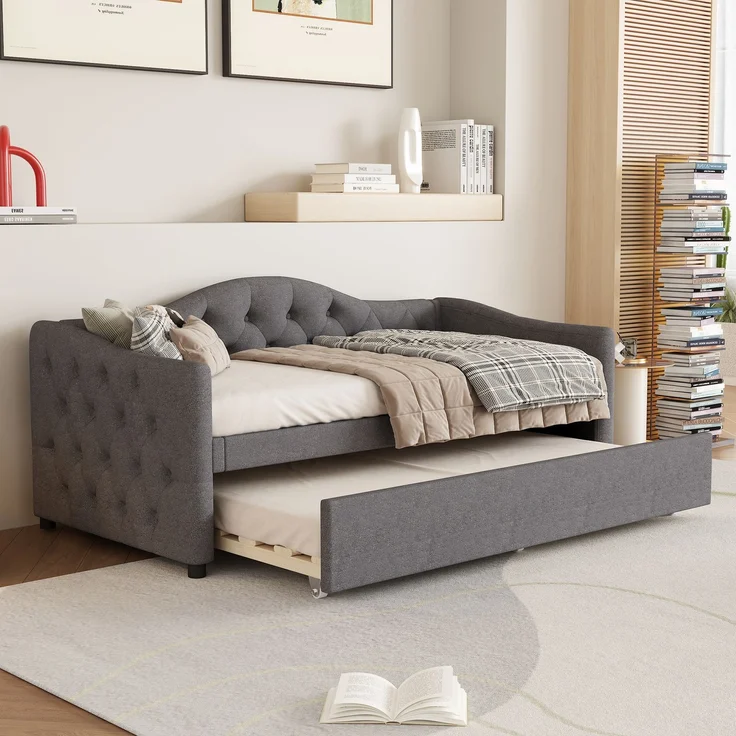 Wohnora-Daybettt, 90x200cm Tagesbett mit ausziehbarem Bett,Schlafsofa, Einzelbett(Ohne Matratze), Leinen, minimalistisches Styling, Grau,Grau – Bild 1