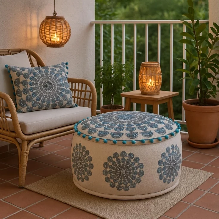 Marrakesch Orient & Mediterran Interior Pouf Pouf Garet Blau, runder Baumwoll-Sitzpouf bestickt 50x25 cm (1-St), Handarbeit – Bild 5