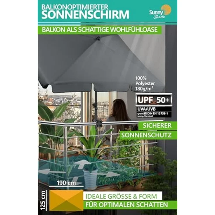 4smile Sonnenschirm Balkon SunnyShade, 200x125 cm, Anthrazit - UPF 50+ Sonnenschirm rechteckig als Sonnenschutz Balkon - SunnyGuy Balkon-Schirm mit Sonnenschirmhalter + Sonnenschirmhülle – Bild 3