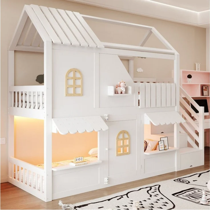 Flieks Etagenbett, Kinderbett Haus-Design 90×200cm mit Stauraumtreppe LED-Beleuchtung – Bild 2