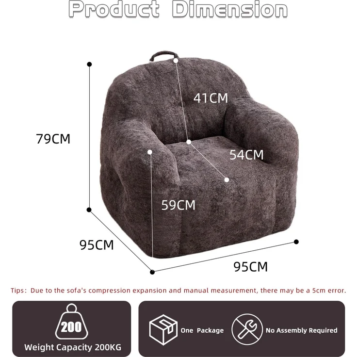 Sitzsack in Dunkelgrau 95cm×95cm×79cm mit Armlehnen und Kunstfell – ergonomischer Loungesessel ohne Montage – Bild 6